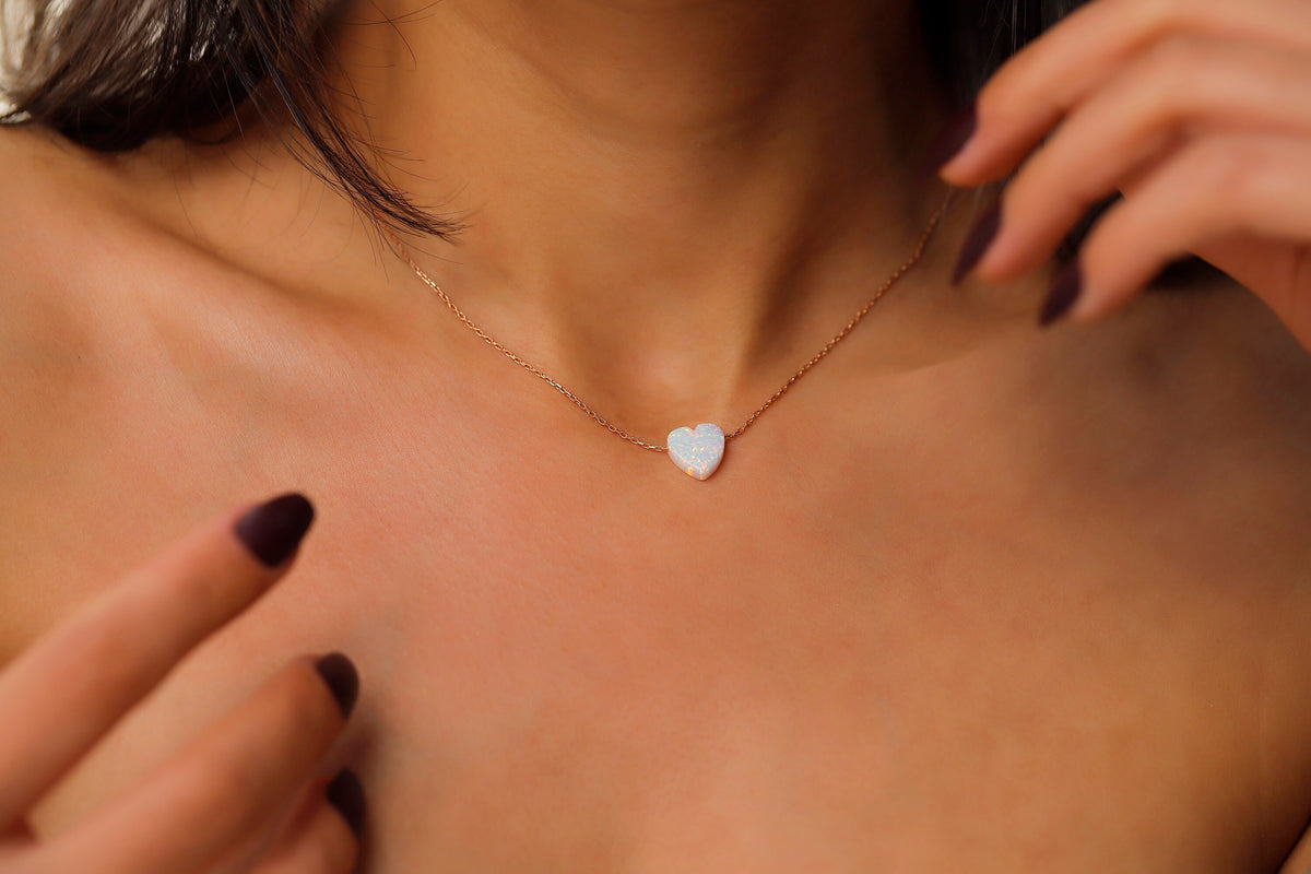 14k Heart Shape White Opal Necklace, Minimalist Jewelry for Her, Dainty Real Gemstone Necklace, Unique Gifts by NecklaceDreamWorld