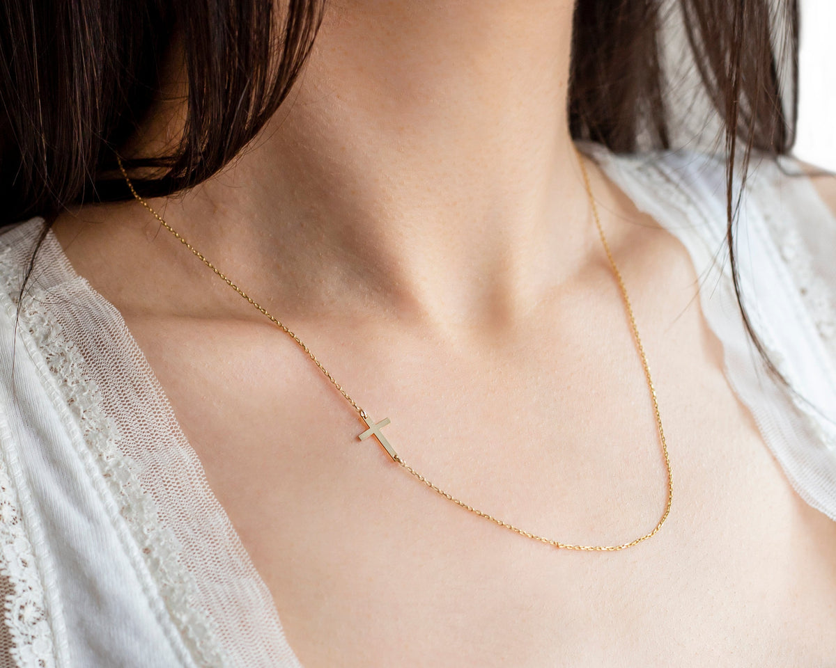 14K Solid Gold Cross Necklace for Women | Sideways Cross Necklace | Tiny Cross Necklaces Solid Gold | Dainty Cross Necklace in Gold