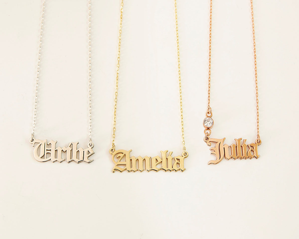 14k Solid Gold Name Necklace • Personalized Name Necklace Gold • Old English Name Necklace 14K • Gothic Name Necklace Gold 14k • Gold Gift