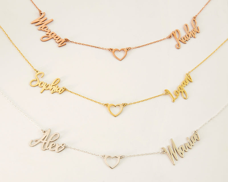 Personalized Two Name Necklace with Heart • 925 Sterling Silver, Gold and Rose Gold Gifts for Her, Custom 2 Names Necklace