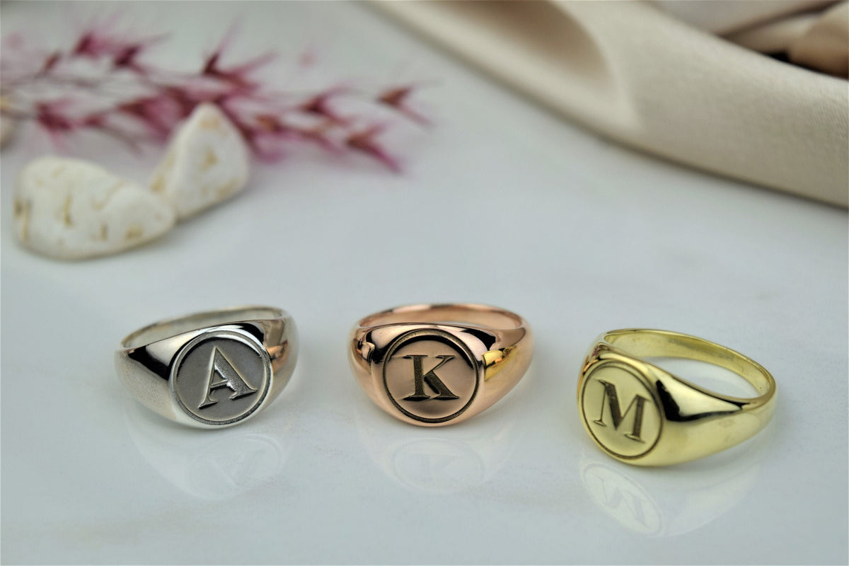 Personalized Women Signet Ring, Initial Engraved Ring in Sterling Silver, Gold and Rose Gold • Perfect Delicate Handmade Jewelry Gifts