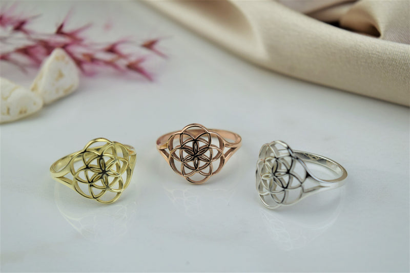 Handmade 14K Solid Gold Flower of Life Rings • Mandala Ring Rose Gold • Seed of Life Jewelry White Gold • Sacred Geometry Gifts