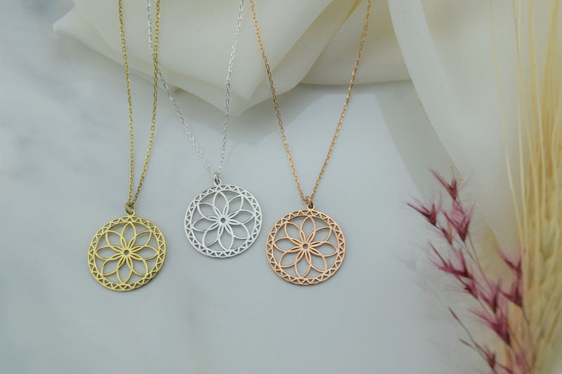 Ready to Ship Mandala Necklace Handmade • Sacred Geometry Flower Seed of Life Jewelry • Spiritual Yoga Necklace Sterling Silver, Rose, Gold