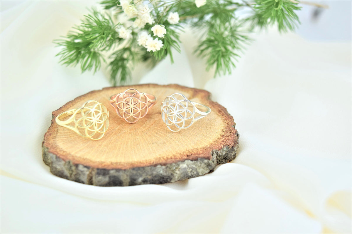 Handmade Flower of Life Ring Gold • Mandala Ring Rose Gold • Seed of Life Ring Silver • Gift for Her • Sacred Geometry Meditation Jewelry