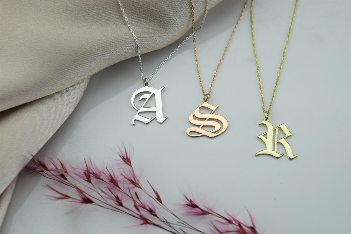 Dainty Old English Initial Necklace • Personalized Letter Necklace • Gothic Style Necklace for Her • Custom Old English Necklace