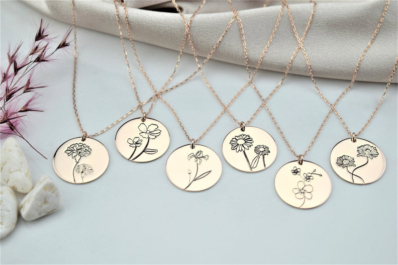 Disk Birth Flower Necklace, Custom Disk Month Flower Pendant Necklace • Dainty Birthday Gifts for Her, Perfect Everyday Necklace Silver