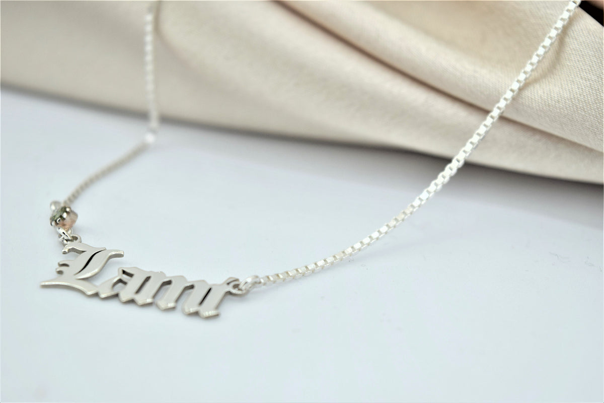 Box Chain Old English Name Necklace with Birthstone add on, Gothic Font Personalized Jewelry • Custom Perfect Birthday Gifts