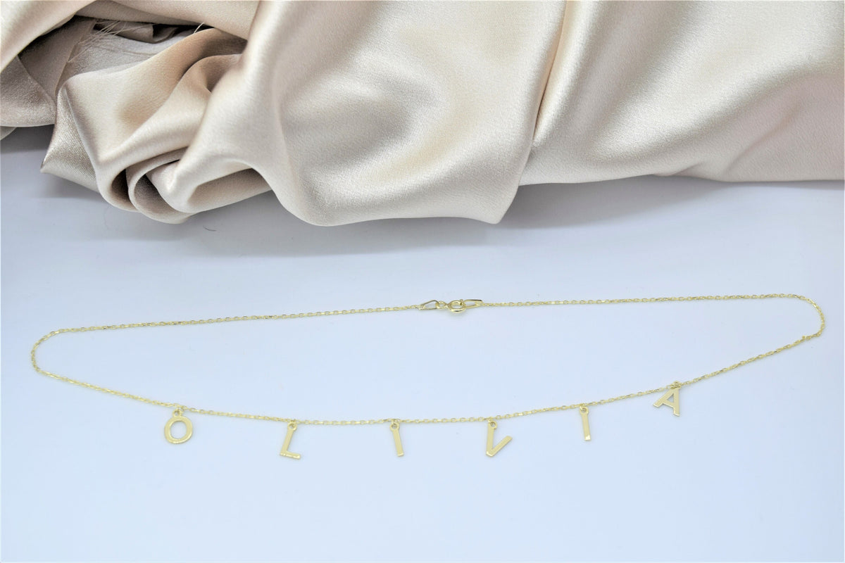 Handmade Initials Name Necklace Gold • Personalized Name Necklace • Custom Jewelry • Silver Dangle Necklace • Custom Spaced Letter Necklace