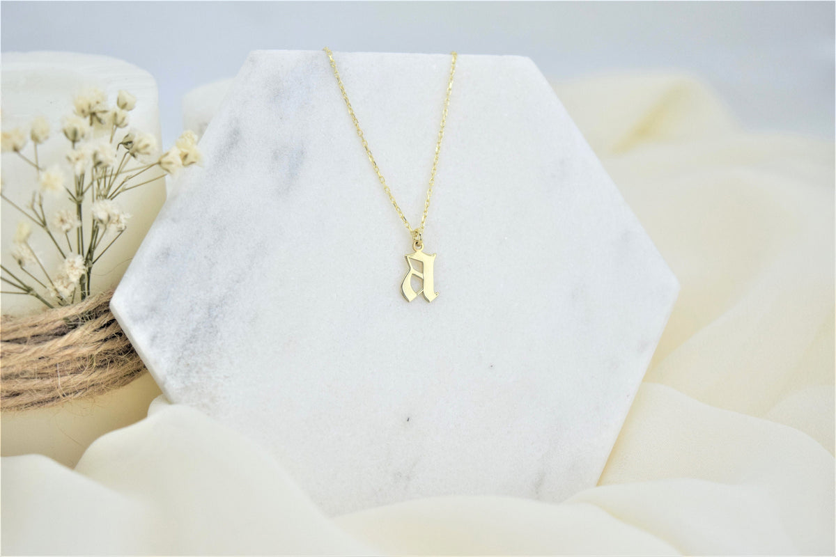 Old English Initial Necklace Gold • Personalized Initial Necklace • Gothic Style • Dainty Custom Old English Necklace • Gift for Her and Him