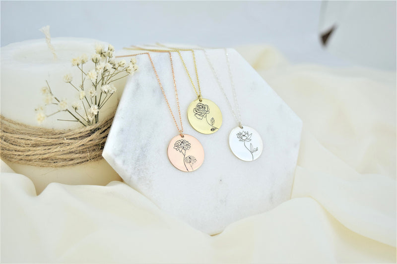 Disk Birth Flower Necklace, Custom Disk Month Flower Pendant Necklace • Dainty Birthday Gifts for Her, Perfect Everyday Necklace Silver