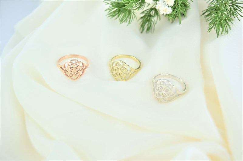 Handmade 14K Solid Gold Flower of Life Rings • Mandala Ring Rose Gold • Seed of Life Jewelry White Gold • Sacred Geometry Gifts