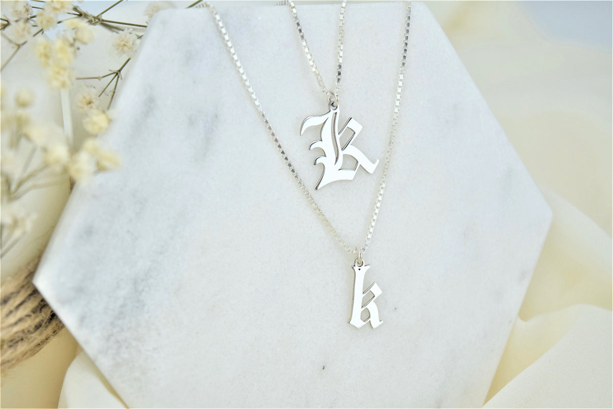 Sterling Silver Mens Necklace, Initial Necklace, Box Chain Old English Letter Jewelry Personalized • Gothic Style Custom Necklace