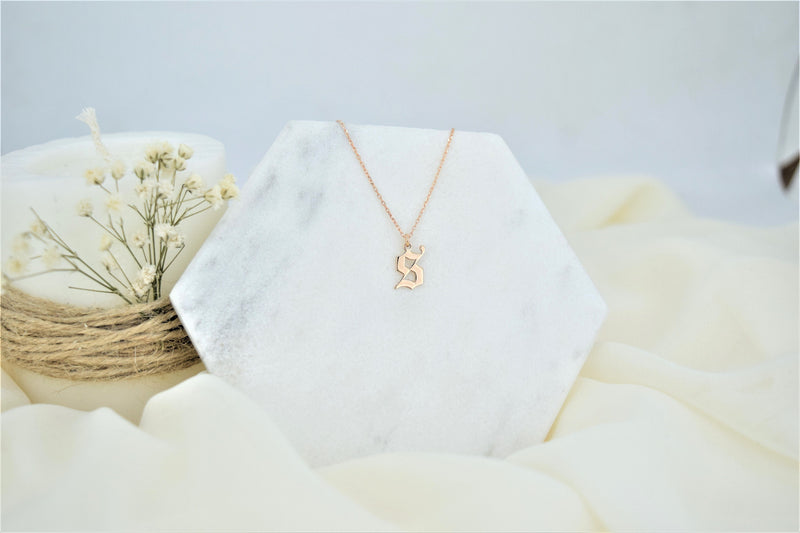 Old English Initial Necklace Gold • Personalized Initial Necklace • Gothic Style • Dainty Custom Old English Necklace • Gift for Her and Him