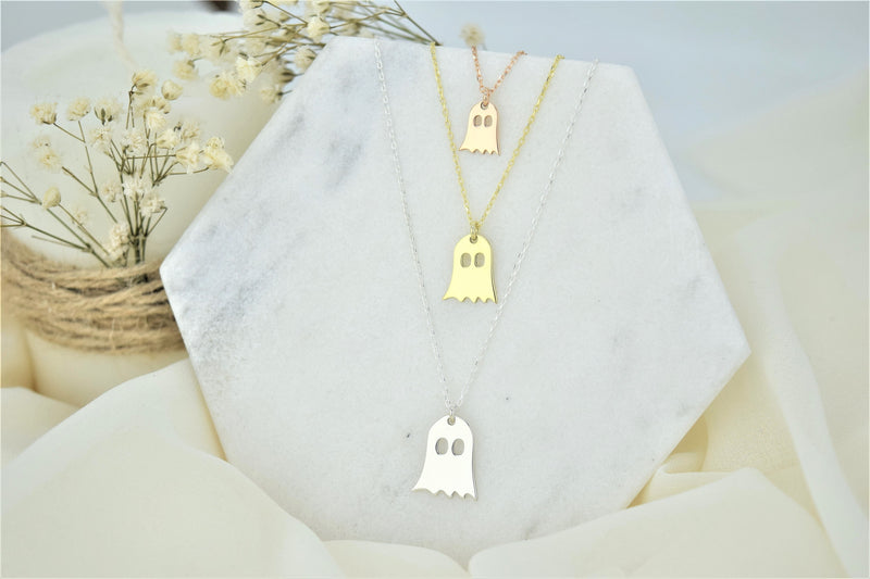 14K Solid (Real) Gold Tiny Ghost Necklace, Spooky Cute Boo Emoji • Halloween Gifts for Her and Him