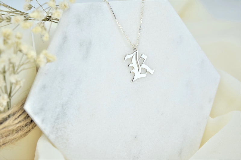Sterling Silver Mens Necklace, Initial Necklace, Box Chain Old English Letter Jewelry Personalized • Gothic Style Custom Necklace