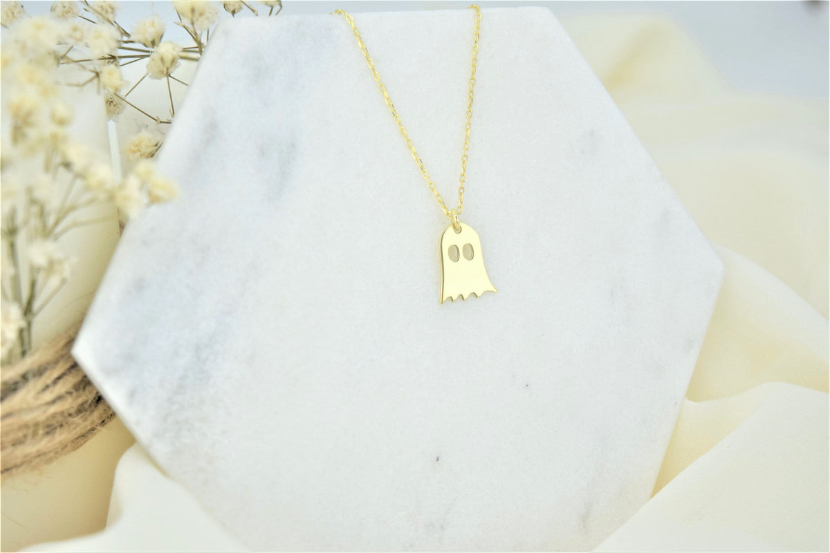 14K Solid (Real) Gold Tiny Ghost Necklace, Spooky Cute Boo Emoji • Halloween Gifts for Her and Him