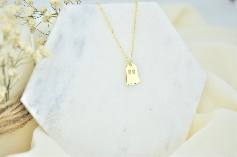 14K Solid (Real) Gold Tiny Ghost Necklace, Spooky Cute Boo Emoji • Halloween Gifts for Her and Him