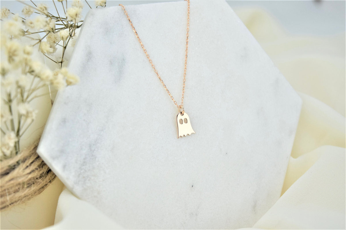 14K Solid (Real) Gold Tiny Ghost Necklace, Spooky Cute Boo Emoji • Halloween Gifts for Her and Him