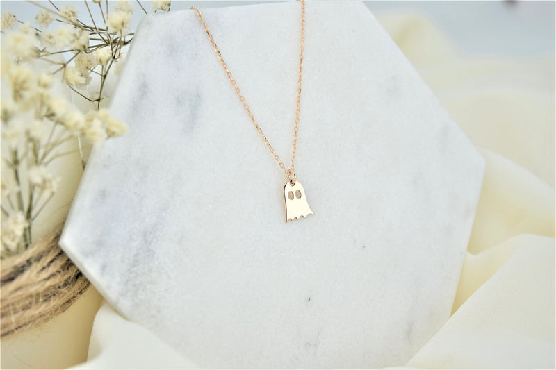 14K Solid (Real) Gold Tiny Ghost Necklace, Spooky Cute Boo Emoji • Halloween Gifts for Her and Him