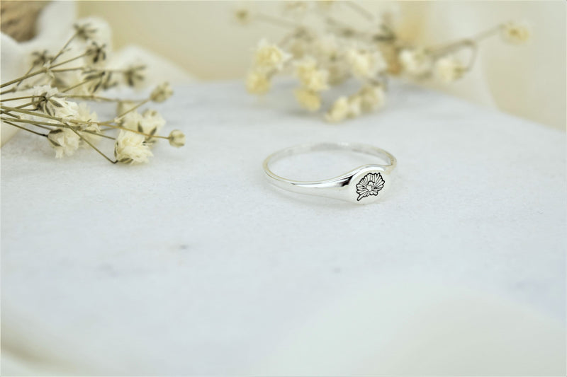 Handmade 14K Solid Gold Dainty Birth Flower Ring • Floral Signet Ring • Personalized Jewelry • White and Rose Gold Gift for Her and Him