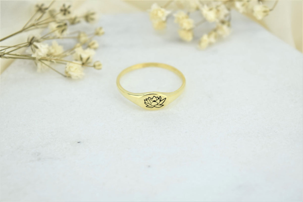 Handmade 14K Solid Gold Dainty Birth Flower Ring • Floral Signet Ring • Personalized Jewelry • White and Rose Gold Gift for Her and Him