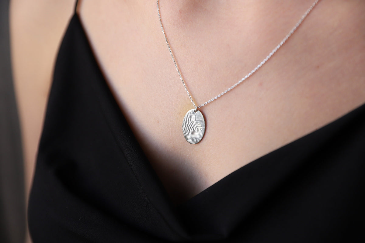 Actual Fingerprint Necklace, Memorial Jewelry Necklace in Sterling Silver • Oval Fingerprint Jewelry • Fingerprint and Handwriting Necklace