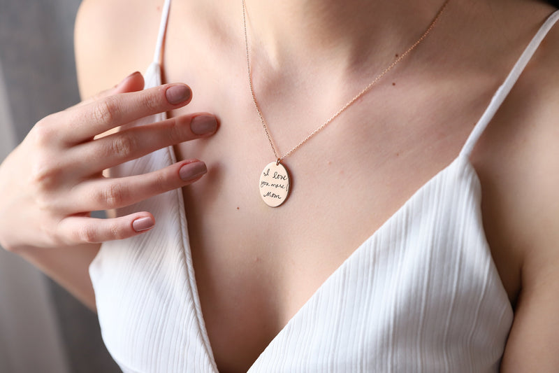 Actual Fingerprint Necklace, Memorial Jewelry Necklace in Sterling Silver • Oval Fingerprint Jewelry • Fingerprint and Handwriting Necklace