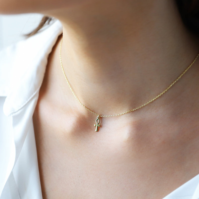 14K Gold Minimal Ankh Necklace, Ancient Symbol Pendant Necklace • Egyptian Ankh Jewelry, Last Minute Anniversary, Birthday, Christmas Gifts