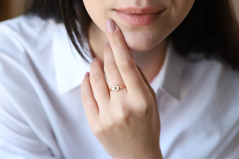 14K Solid (Real) Gold Handmade Initial Dainty Ring, Personalized Engraved Tiny Letters Jewelry • Stackable White Gold Gift for Her