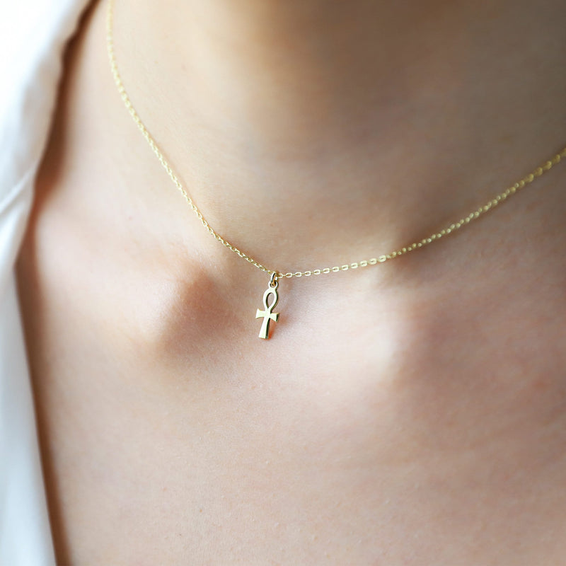 14K Gold Minimal Ankh Necklace, Ancient Symbol Pendant Necklace • Egyptian Ankh Jewelry, Last Minute Anniversary, Birthday, Christmas Gifts