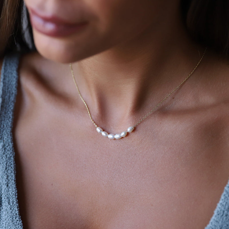 Tiny Pearl Necklace, Bridesmaids Gifts, Pearl Choker Necklace • Bridal Shower Gift • Dainty Minimalist 6 Oval Pearls Freshwater Jewelry