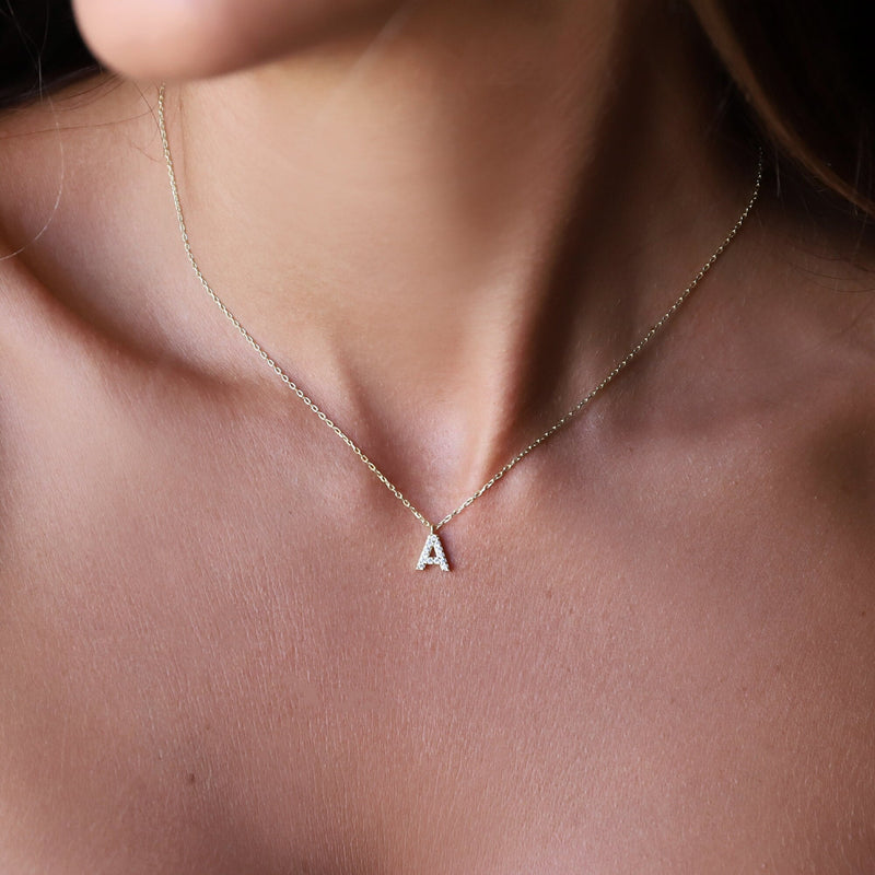 Custom Dainty Dangle Pave Initial Pendant Necklace with CZ Diamonds • Handmade Tiny Cute Letter Necklace • Wedding Gifts