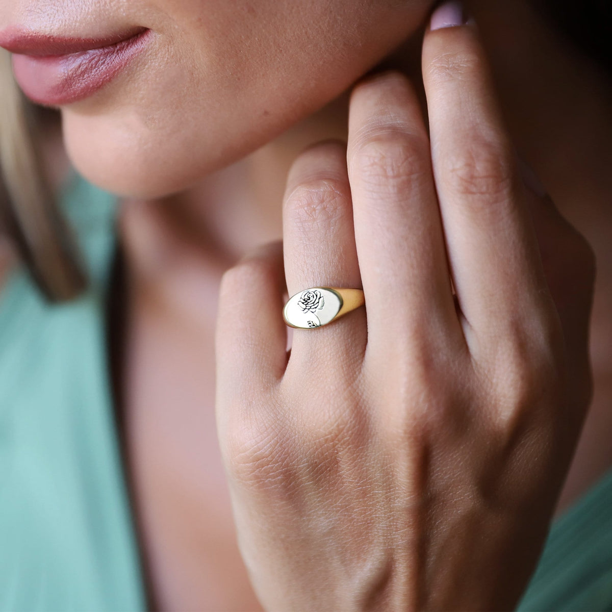 Cute Birth Month Flower Gold Oval Signet Ring • Personalized Dainty Floral Jewelry • Silver, Gold and Rose Gold • Gifts for Her