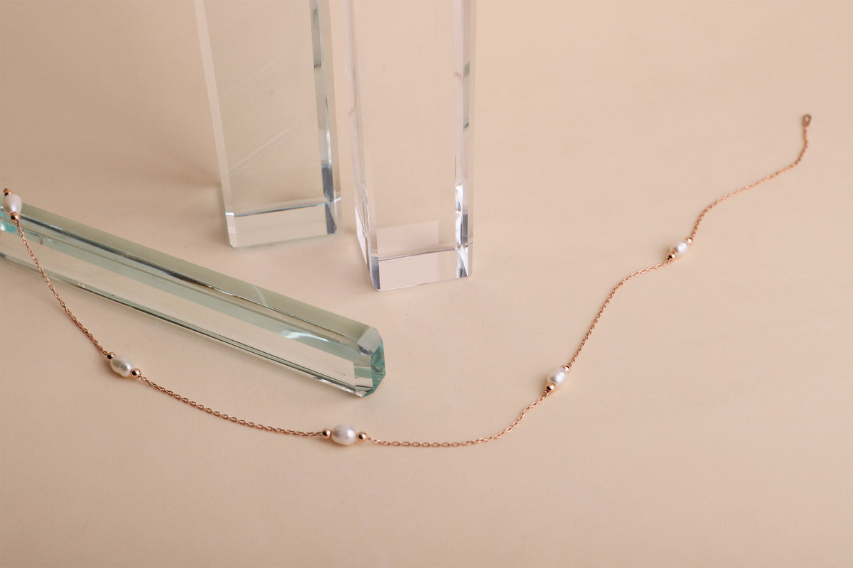 Station Necklace, Freshwater Pearl Necklace, 14K Gold Cute Gold Pearl Choker Necklace • Vintage Style • Handmade Bridesmaid Gifts