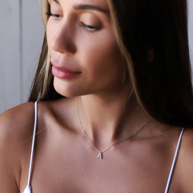 Custom Dainty Dangle Pave Initial Pendant Necklace with CZ Diamonds • Handmade Tiny Cute Letter Necklace • Wedding Gifts