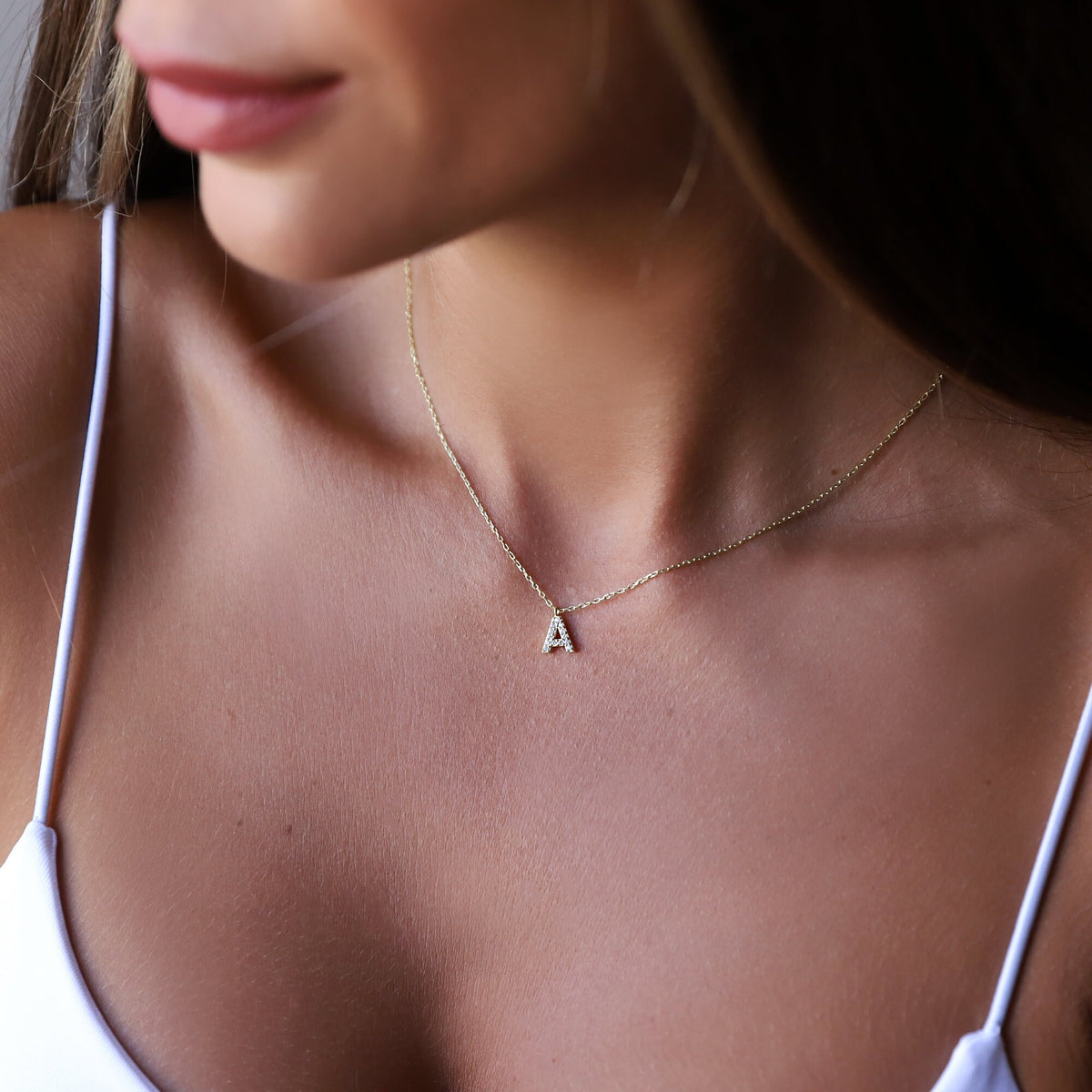 Custom Dainty Dangle Pave Initial Pendant Necklace with CZ Diamonds • Handmade Tiny Cute Letter Necklace • Wedding Gifts