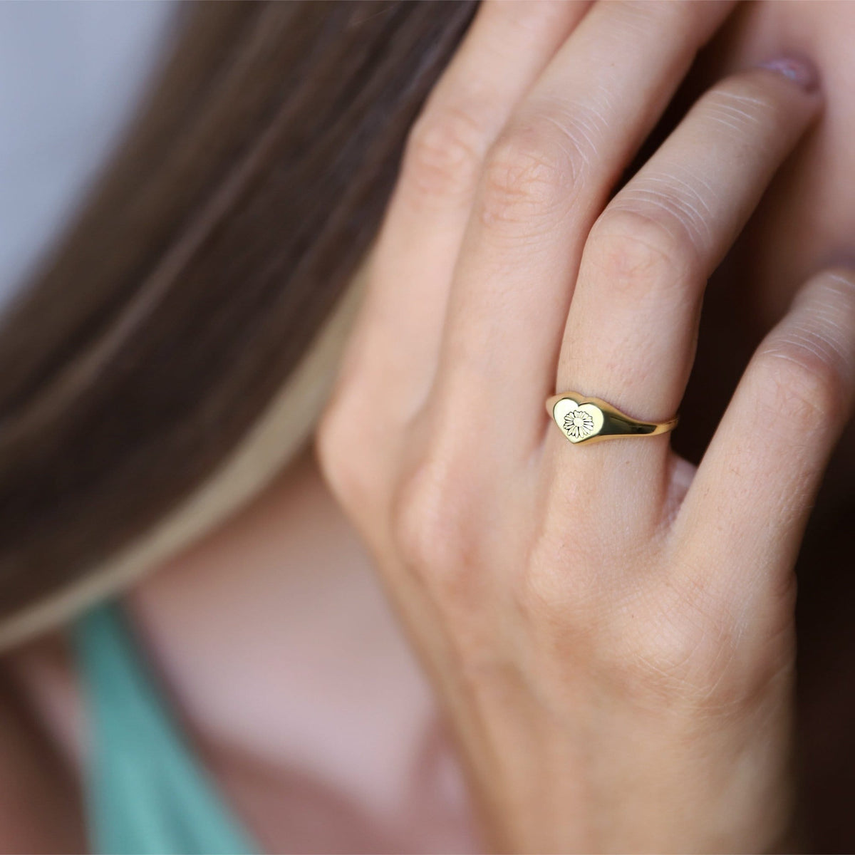 Gifts for Her Heart Shaped Birth Month Flower Ring, Floral Personalized Signet Dainty Jewelry • Silver, Gold and Rose Gold