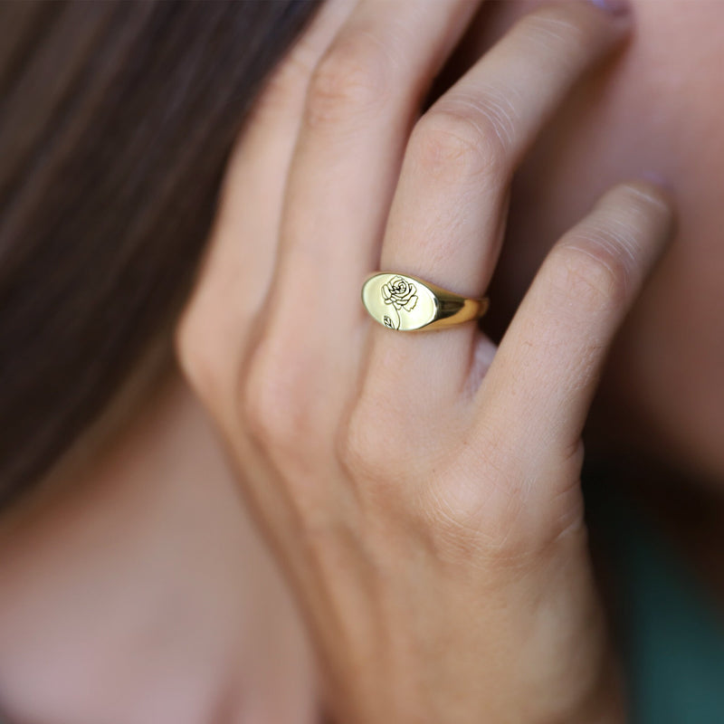 Cute Birth Month Flower Gold Oval Signet Ring • Personalized Dainty Floral Jewelry • Silver, Gold and Rose Gold • Gifts for Her