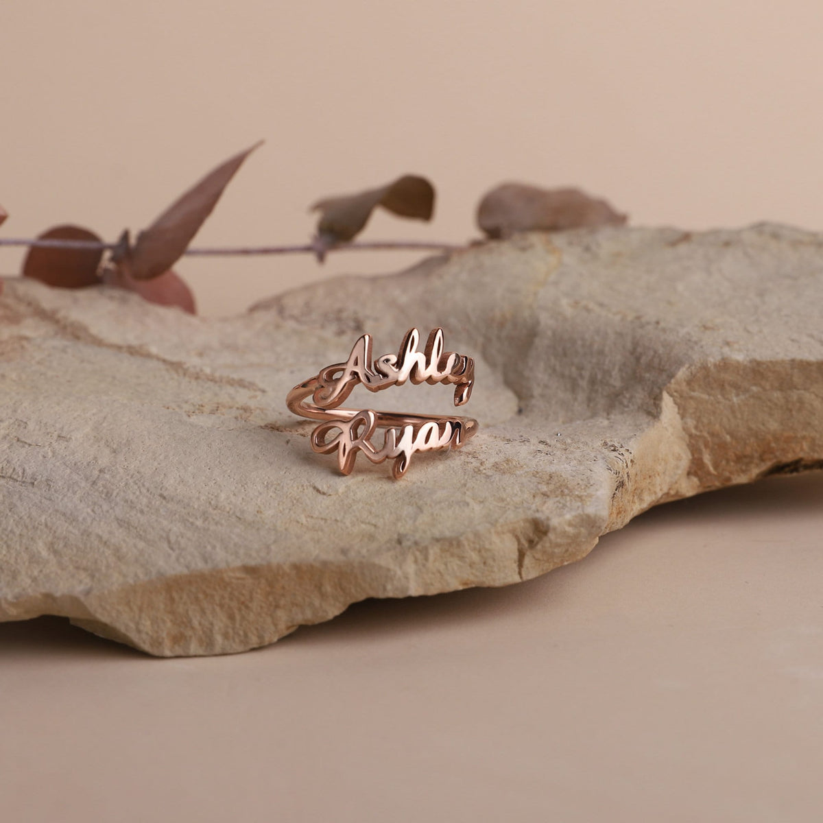 Custom Dainty Double Name Ring Gold • Two Personalized Cursive Name Rings • Women Name Jewelry