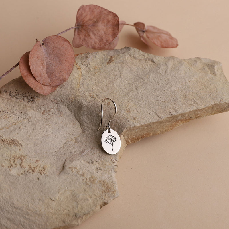 Dainty Dangle Birth Flower Earrings Gold, Sterling Silver Minimalist Month Floral Signet Earrings by NecklaceDreamWorld