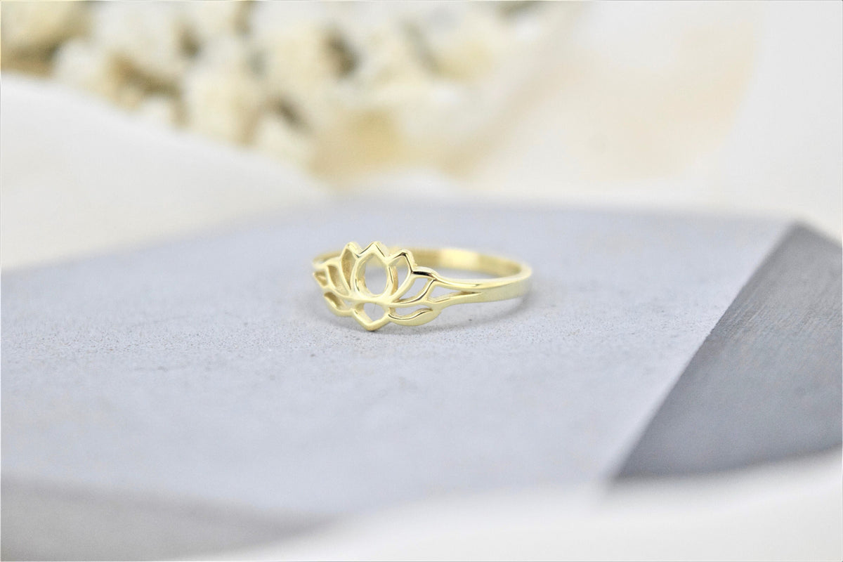 Cute Lotus Flower Engagement Gold Ring • Spiritual Ring Sterling Silver • Gifts for Her