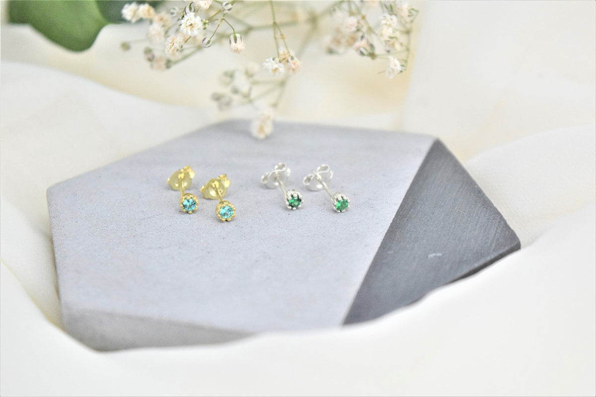 Cute Birthstone Stud Gold Earrings • Vintage Silver Diamond Earrings • Handmade Aesthetic Earrings