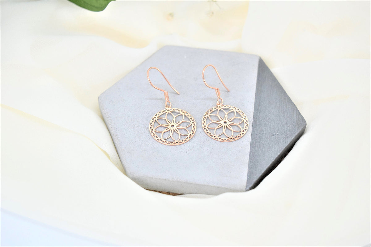 Dangle Gold Mandala Earrings, Sacred Geometry Jewelry, Flower of Life Earrings, Ready to Ship Sterling Silver, Gold and Rose Gifts for Her