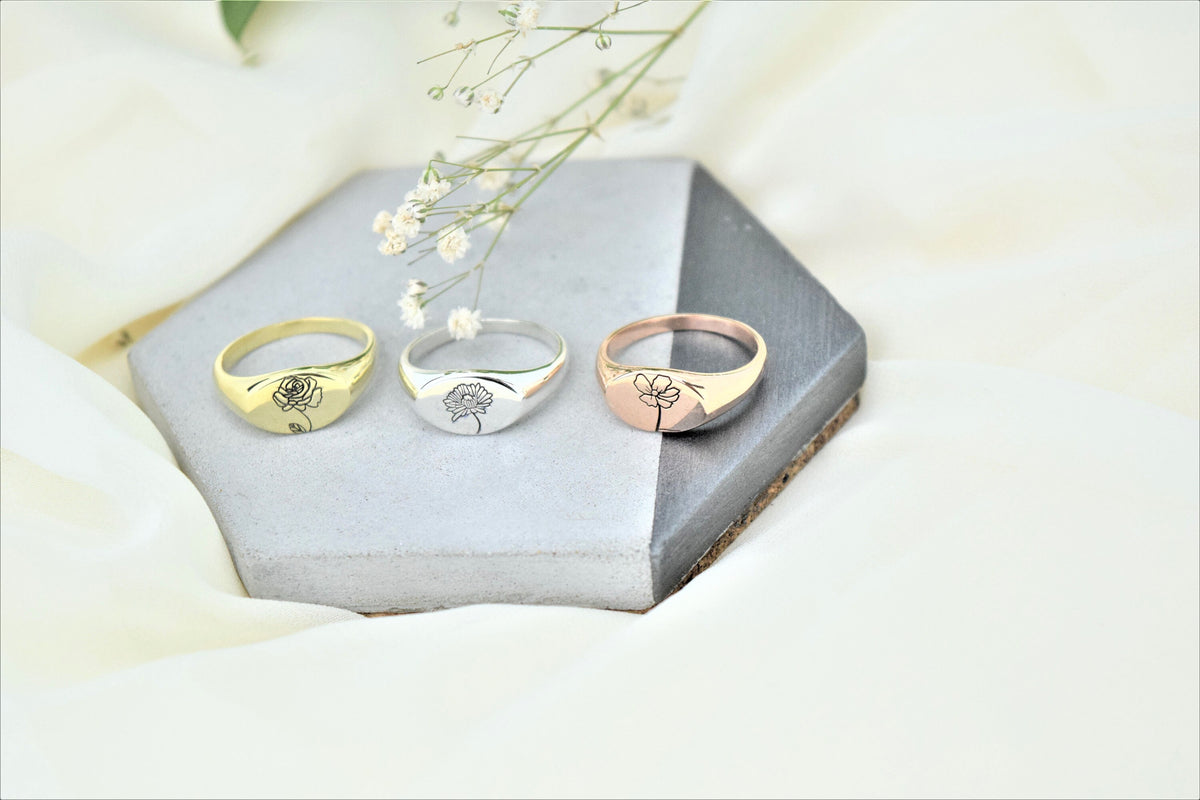 Cute Birth Month Flower Gold Oval Signet Ring • Personalized Dainty Floral Jewelry • Silver, Gold and Rose Gold • Gifts for Her
