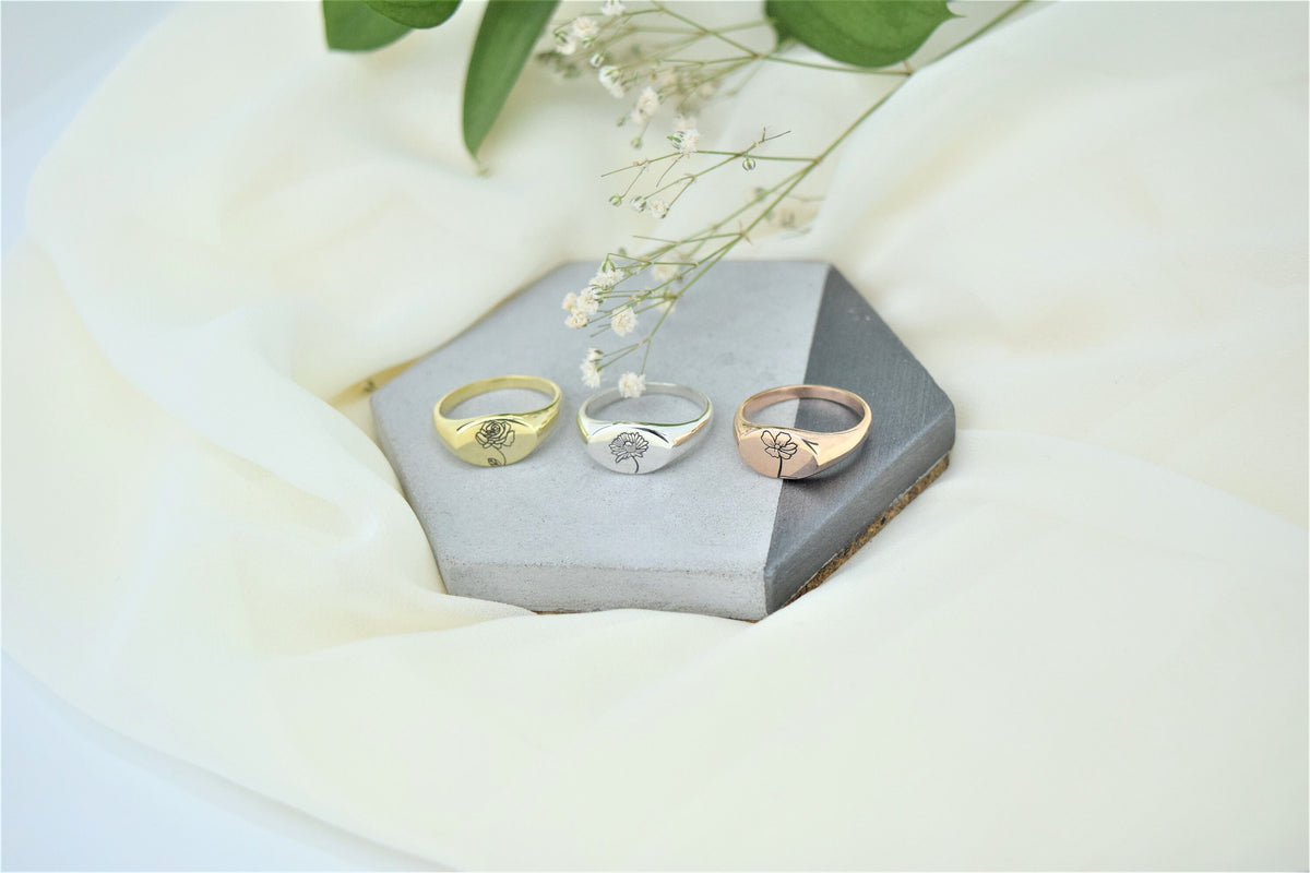 Cute Birth Month Flower Gold Oval Signet Ring • Personalized Dainty Floral Jewelry • Silver, Gold and Rose Gold • Gifts for Her