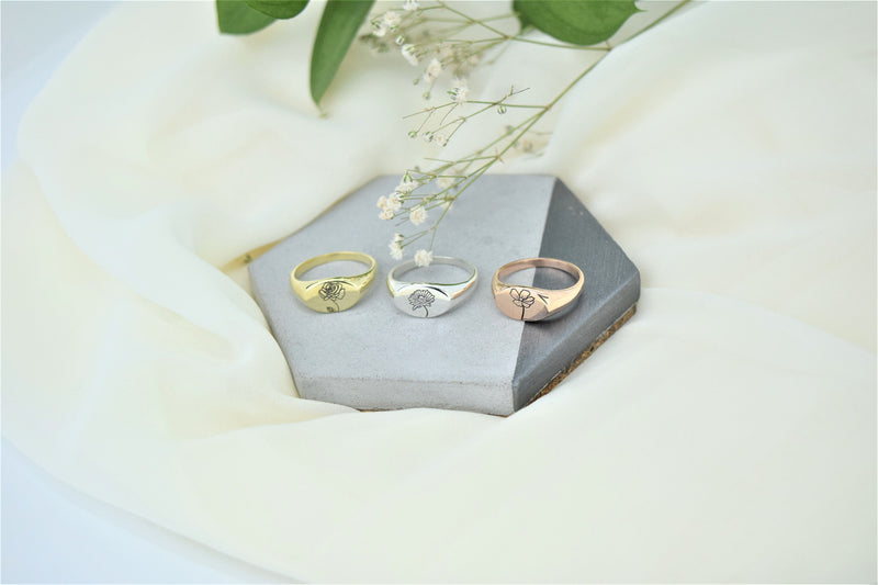 Cute Birth Month Flower Gold Oval Signet Ring • Personalized Dainty Floral Jewelry • Silver, Gold and Rose Gold • Gifts for Her