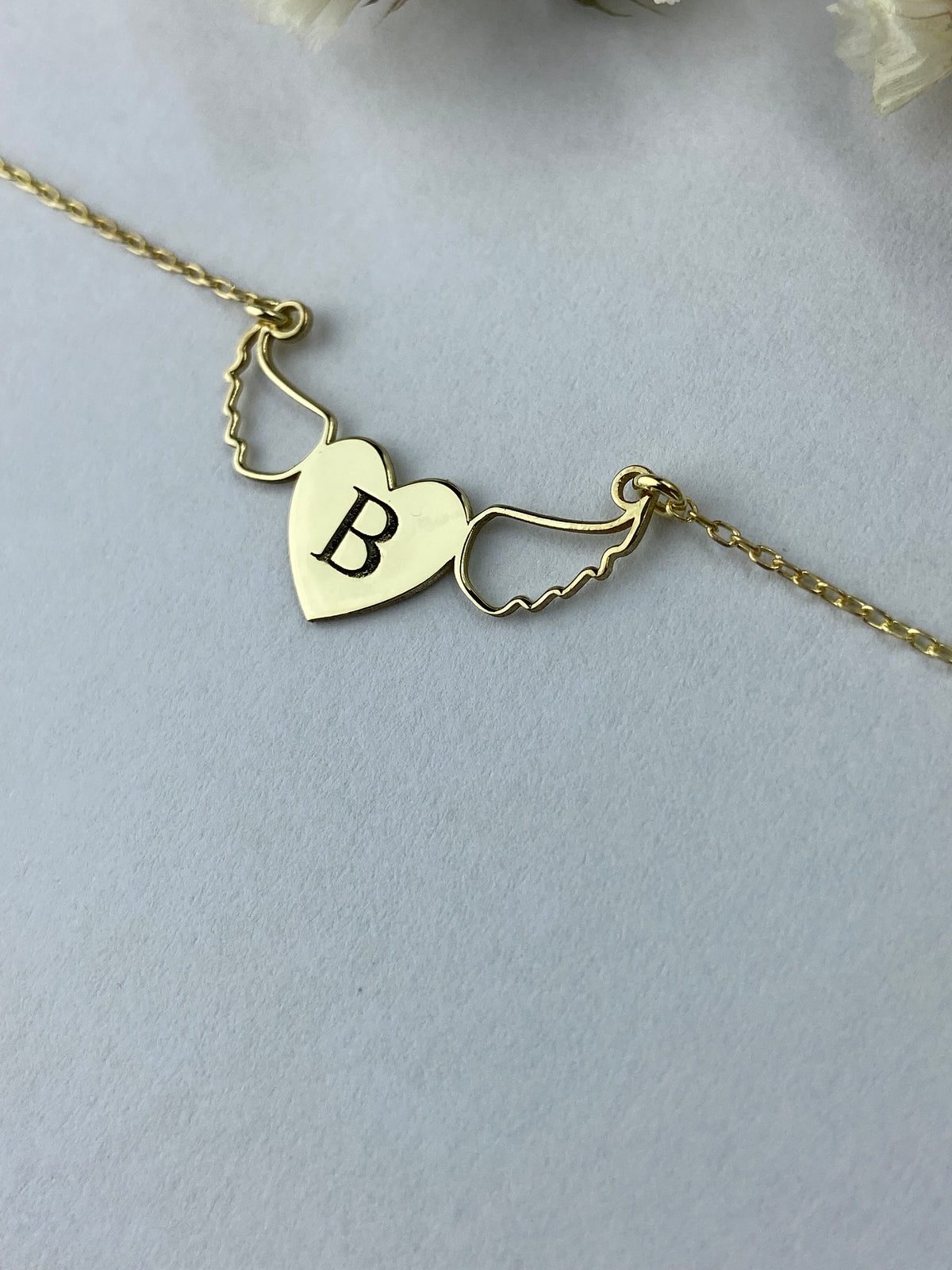 Personalized Initial Heart Necklace with Angel Wings • Unique Memorial Letter Jewelry with Birthstone add on