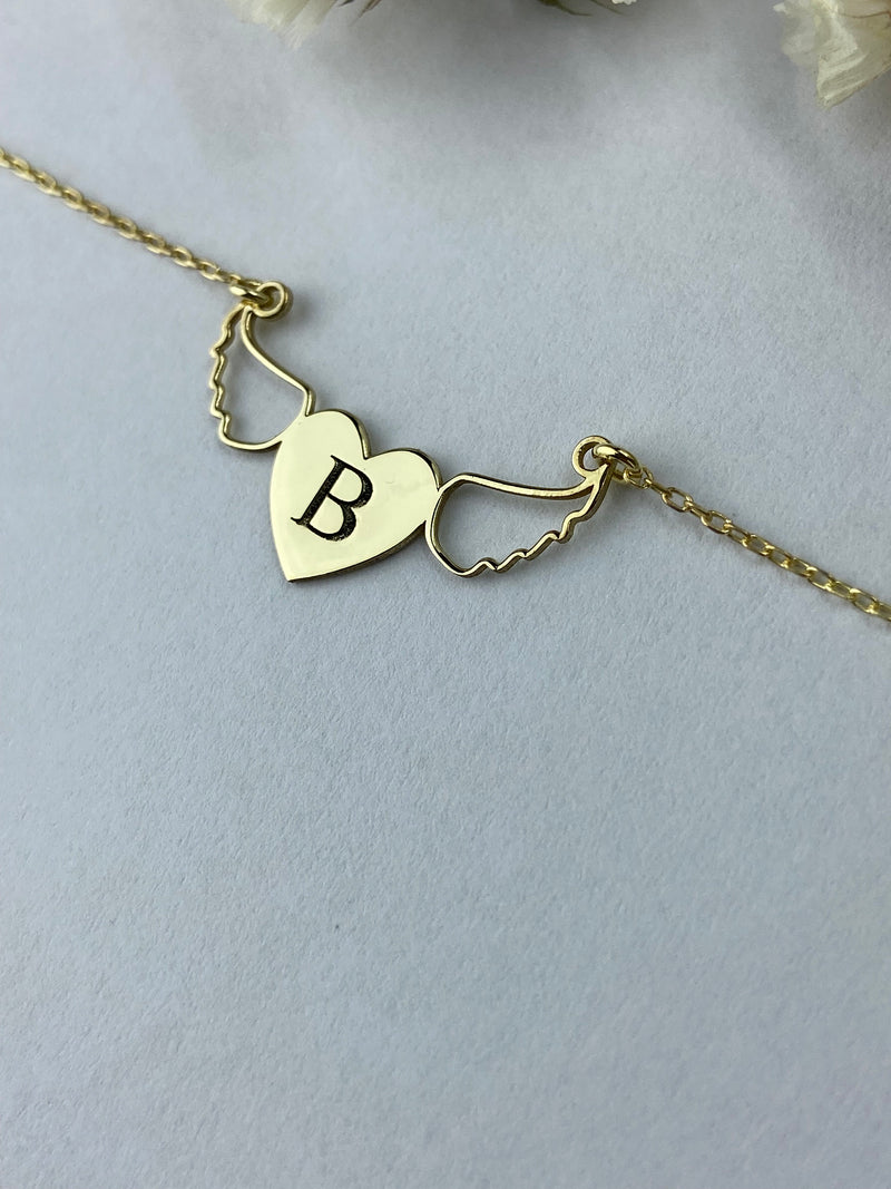 Personalized Initial Heart Necklace with Angel Wings • Unique Memorial Letter Jewelry with Birthstone add on