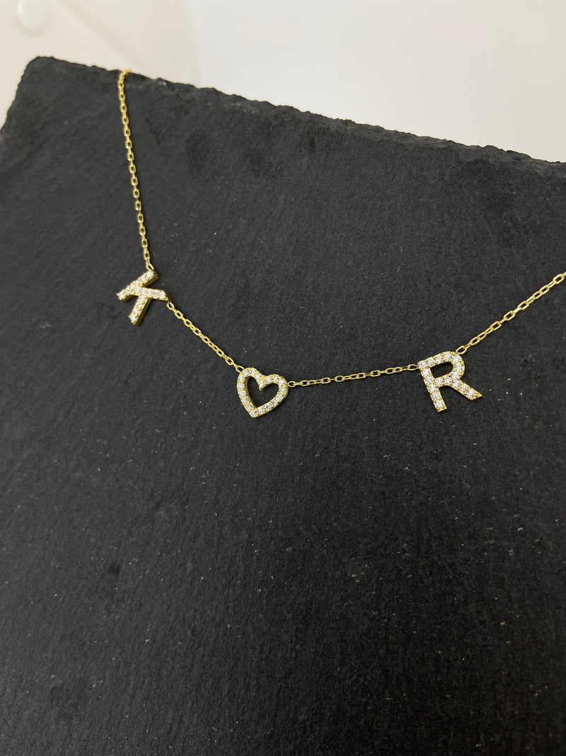 Cute Dainty Two Initial Pave Necklace with Diamond Heart • Custom Tiny Letter Necklace • Personalized Minimal Jewelry Christmas Gifts