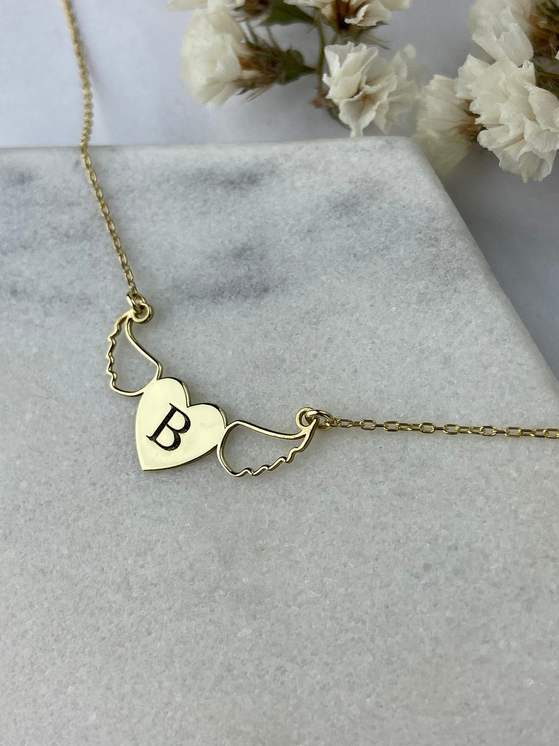 Personalized Initial Heart Necklace with Angel Wings • Unique Memorial Letter Jewelry with Birthstone add on